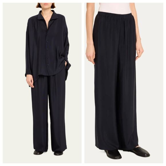 eskandar Pants - ESKANDAR 100% Silk Wide Leg Trousers Pants Size 1 Pull-On Black Midnight